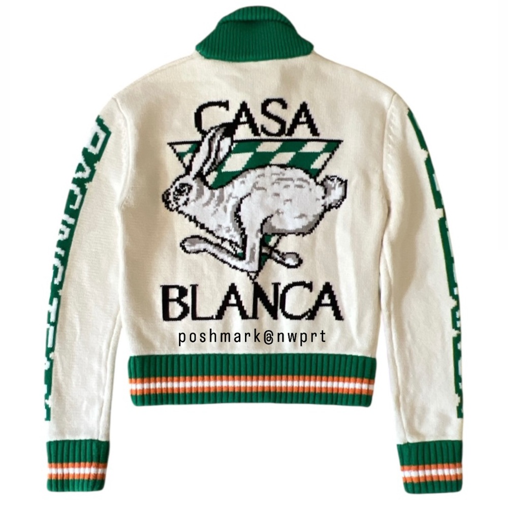 CASABLANCA 🐰 Casa Racing Knit Sweater Cardigan Off White Green Orange Rabbit XS - Picture 9 of 16